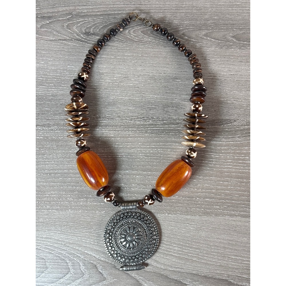 Bohemian Statement Necklace Large Pendant Amber‎ Beads Wood Ethnic Tribal Style